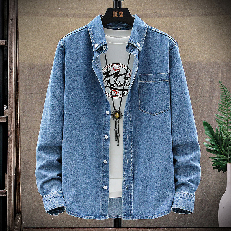 Commerce extérieur Printemps et Automne Chemises en Denim à Manches Longues Simples et décontractées Polyvalentes pour Hommes et Jeunes Col Polo Coton à Pois Couleur Unie Régulier_voghion.com