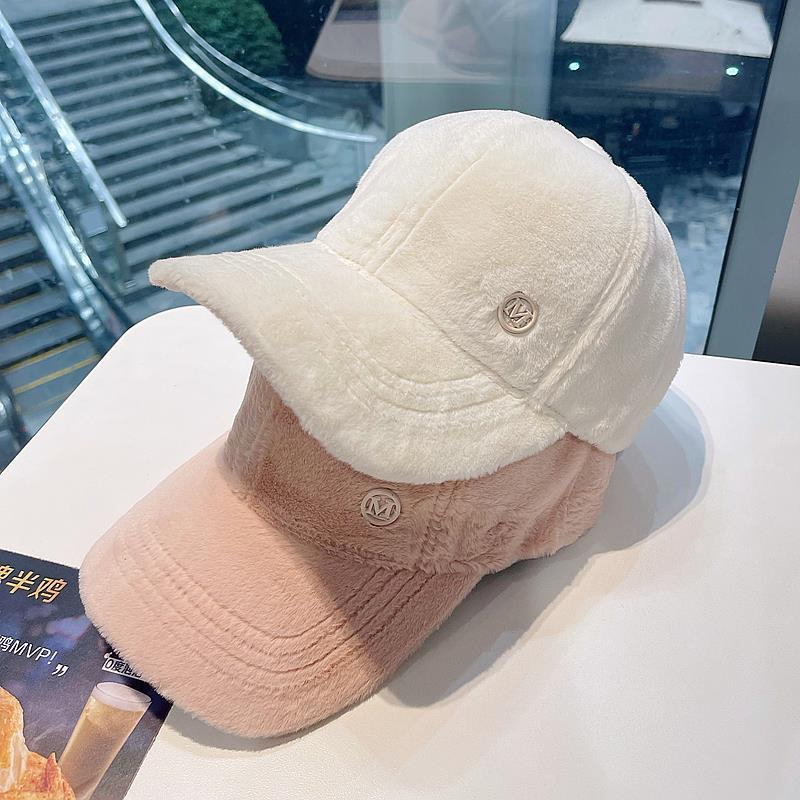 2023 Korean Edition New M-Letter Versatile Baseball Hat Autumn and Winter Thickened and Warm Rabbit Hair Mink Duck Tongue Hat Children_voghion.com