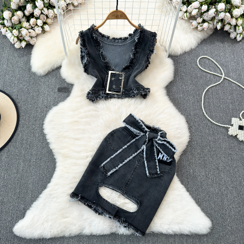 Damen Hot Girl Retro V-Ausschnitt Rüschen ärmelloses Jeanstop Zweiteiliger Hüftrock mit hoher Taille_voghion.com