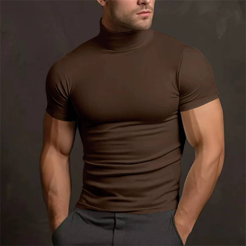 Summer 2025 European-Amecian Fashion Top Tee Men's Half High Collar Pure Color Short Sleeve Skinny T-Shirt S-3XL_voghion.com
