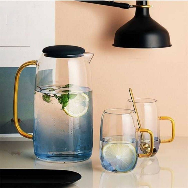 Marble Glass Water Pitcher - 1.8L Thickened & Heat-Resistant Jug With Gradient Blue Design (Trendy Kitchenware Perfect For Iced Tea Lemonade)_voghion.com