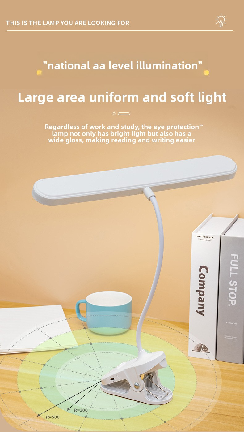 Luminária de mesa LED clip-on com brilho de 90+ CRI e grau AA, recarregável por USB, controle de toque e temperatura de cor ajustável – Luminária de estudo_voghion.com