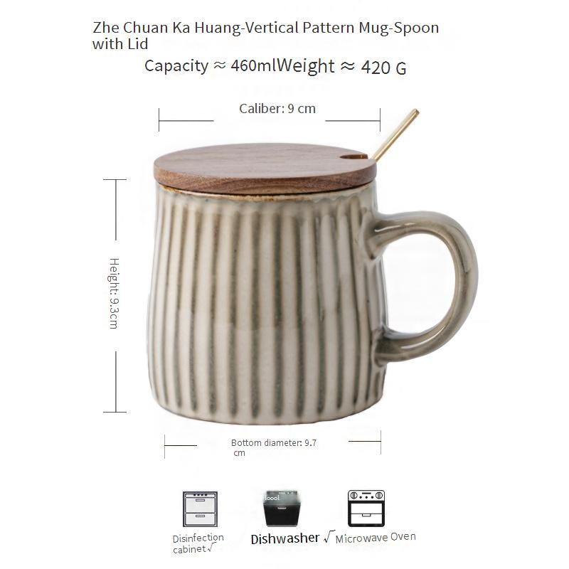 Taza artesanal con variación de esmaltado y textura en relieve - Taza de café de cerámica nórdica con tapa y cuchara, capacidad de 450 ml, diseño retro para hombre_voghion.com