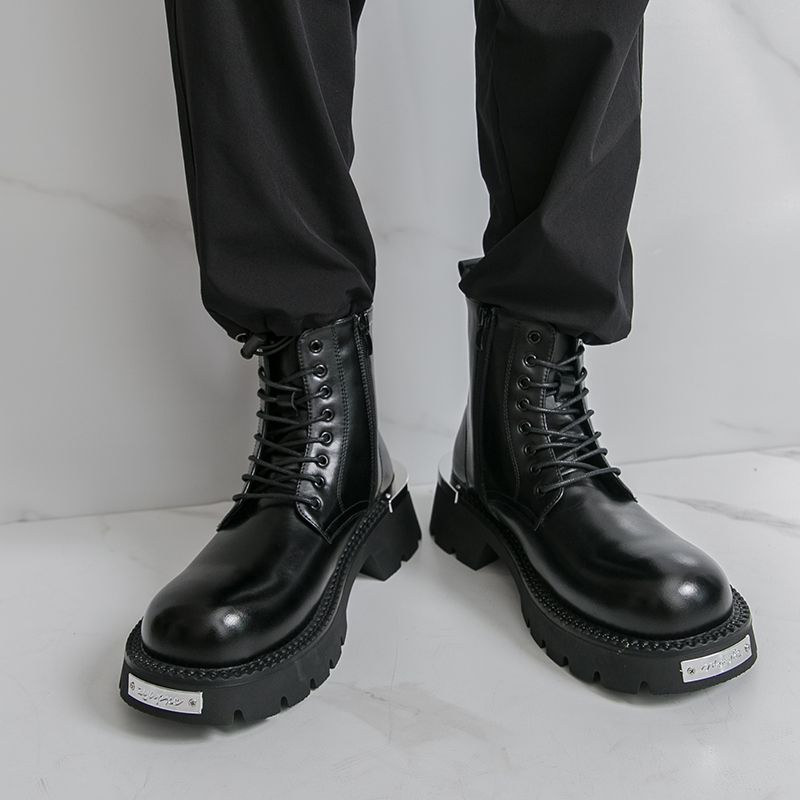 boots Fashion New Punk Style Niche Big Head Black Men's Boots Thick Sole Lace-up Casual Business Top Motorcycle Boots Commuting Work Boots_voghion.com