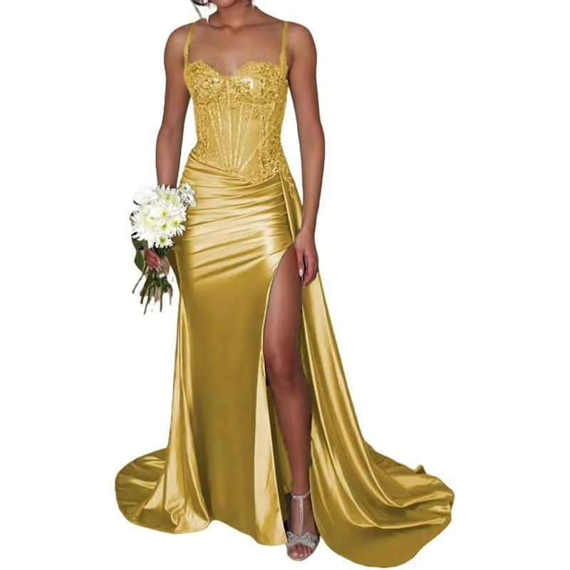 Abito da sera elegante verde senza spalline con spacco alto e piccolo strascico – Abito da sera formale per donna_voghion.com