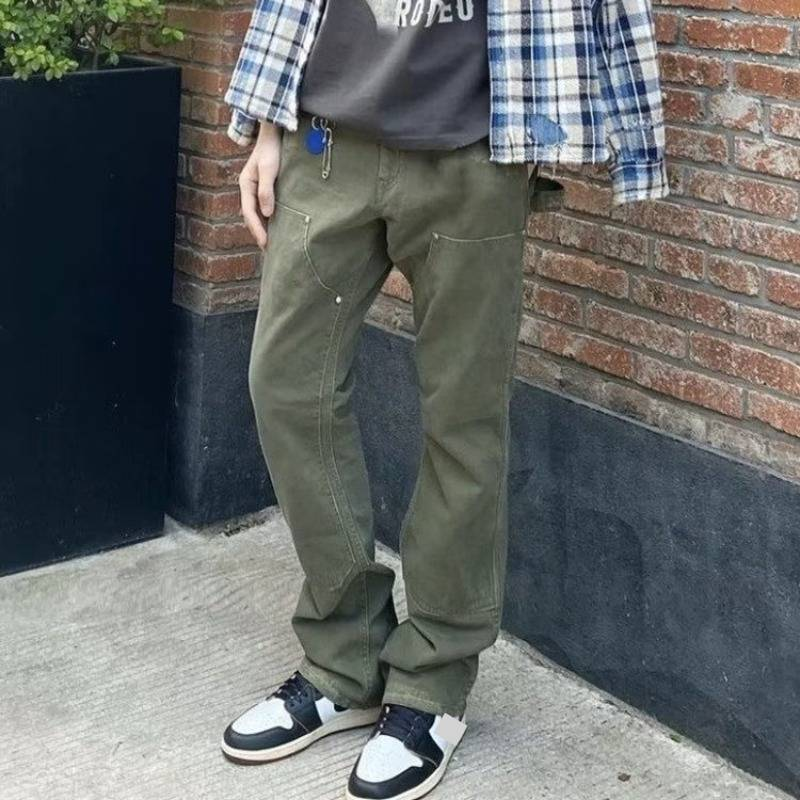 High Street Vintage Washed Distressed Carpenter Jeans für Herren in Militärgrün – Bootcut-Jeans mit entspannter Passform für die Freizeit_voghion.com