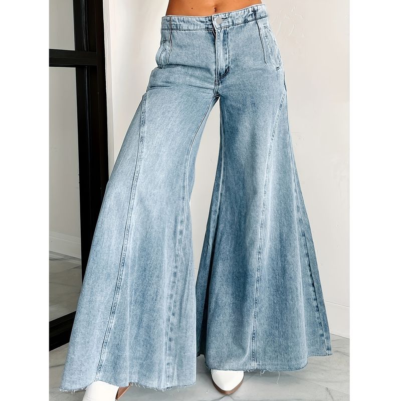 Plus Size Women's Elegant Flared Jeans – Stretch-Free Wide-Leg Denim Pants (XL-5XL, Blue, Minimalist Chic For Office & Weekend)_voghion.com