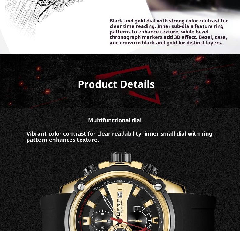 Orologio cronografo sportivo da uomo – Display della data, lancette luminose, impermeabile fino a 30 m, cinturino in silicone (quadrante nero/acciaio/oro, movimento al quarzo LD57)_voghion.com