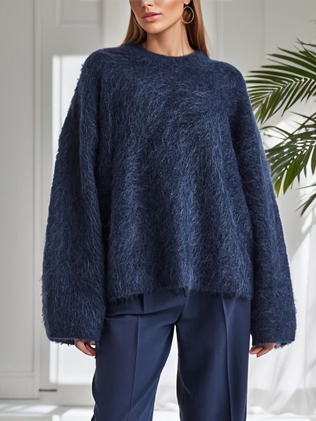 Suéter oversize de mujer, mezcla de mohair – Suéter de cuello redondo de punto grueso (acrílico-poliéster, tallas S-XXL) – Gris/Crema/Azul marino/Camel_voghion.com