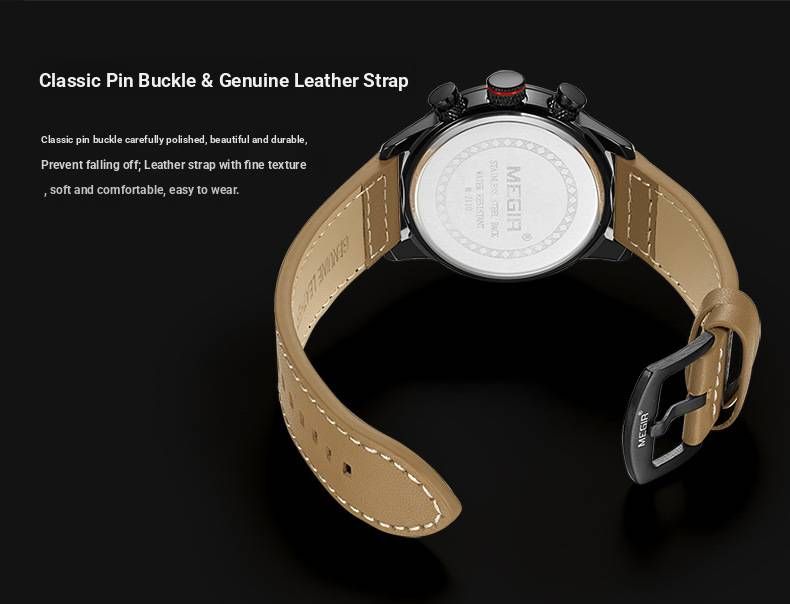 Orologio cronografo da uomo – Cinturino in vera pelle da 53 mm con lancette luminose e data (movimento al quarzo, resistente all'acqua)_voghion.com