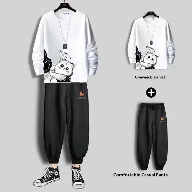 Men's autumn two-piece set, long sleeved T-shirt, plus size student sports suit, casual one set of clothes, men's pants_voghion.com