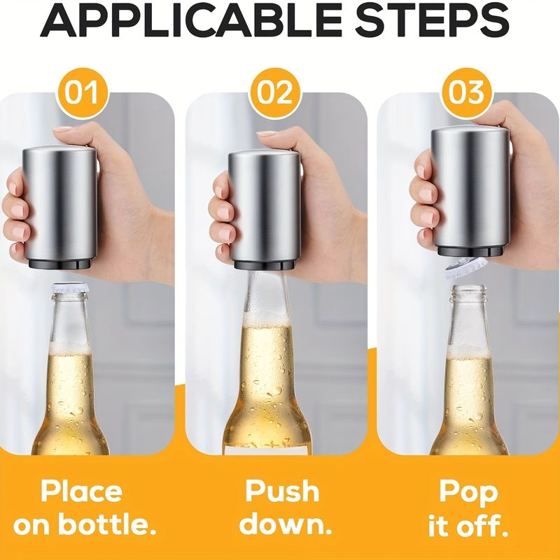 Premium-Bierflaschenöffner aus Edelstahl, automatischer magnetischer Drucköffner für Zuhause, Picknick, Camping, Bars, Partys, einfach zu verwenden, Silber_voghion.com