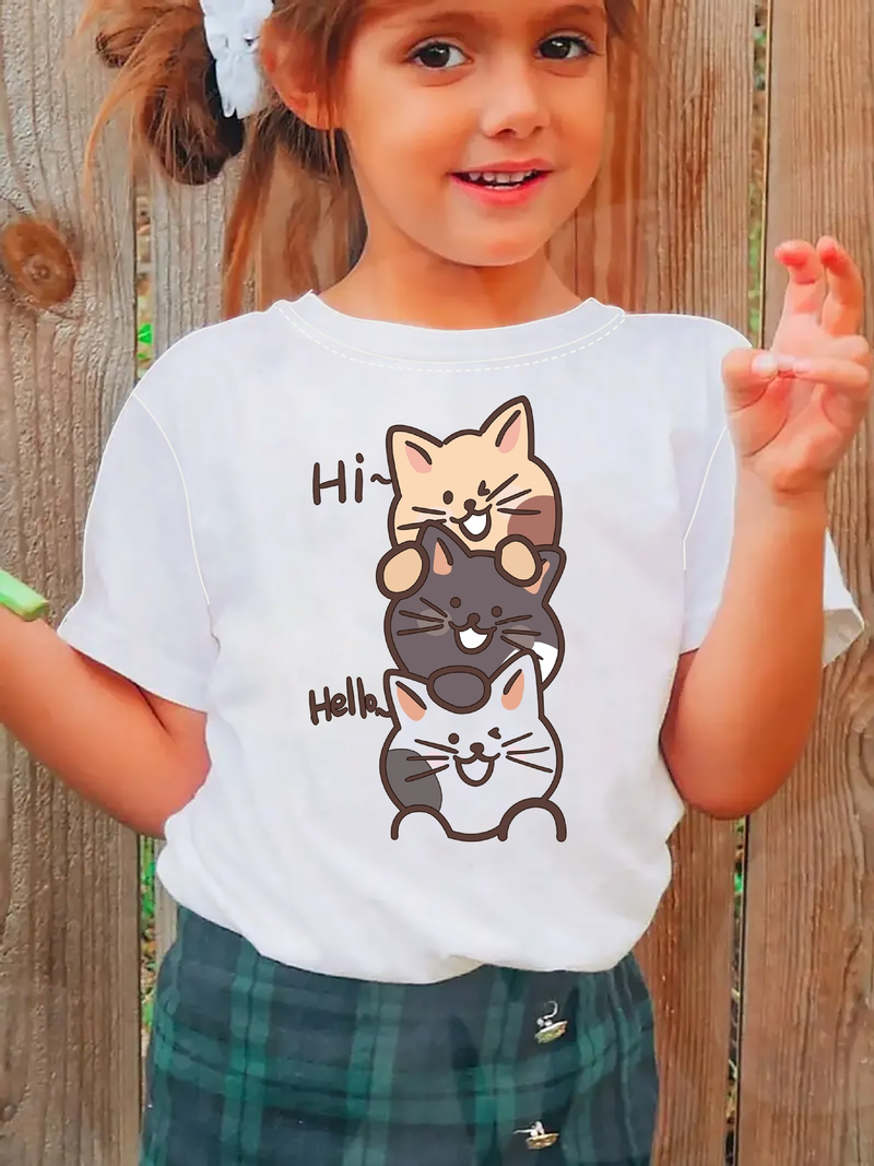 Kisgyermek lány ruházat nyári kerek nyakú rövid ujjú macskamintás felsők_voghion.com