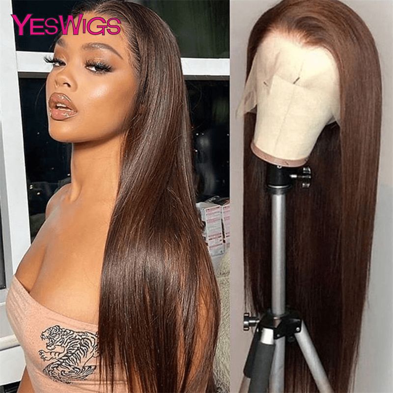 hot selling 13x6 Chocolate Brown Colored Front Human Hair HD Transparent Straight 360 Full Lace Frontal Wigs For Women Glueless_voghion.com