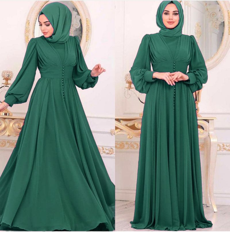 Women's Robes Solid Color Chiffon Beaded Tunic Dress Muslim Abaya_voghion.com