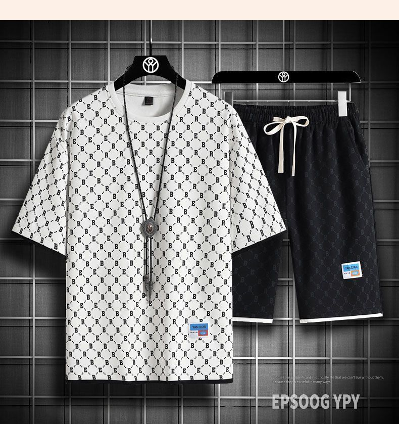 Set aus fasable kariertem Kurzarm-T-Shirt für Herren, neuen schnelltrocknenden ultradünnen Shorts für Jugendliche im Sommer, zweiteiliges Set_voghion.com