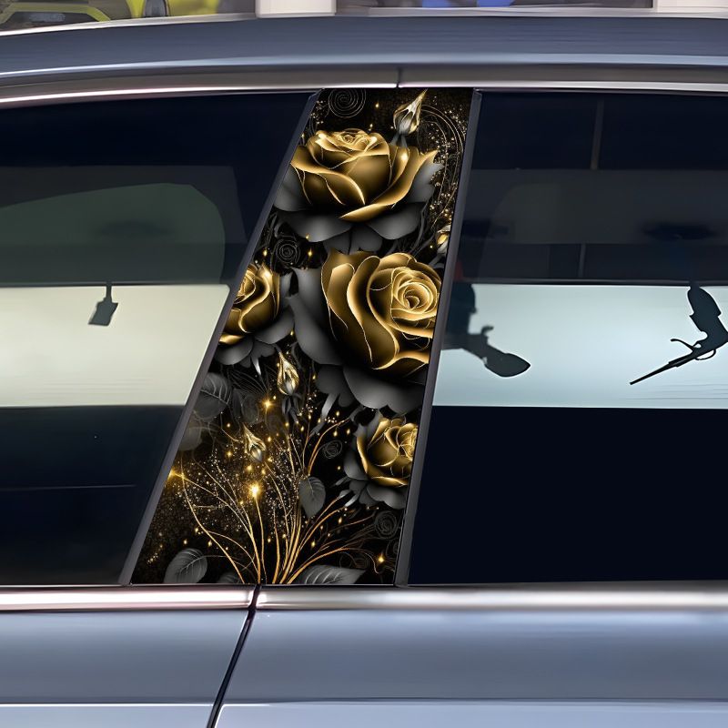 Embellecedor de ventana de coche con diseño de rosa dorada negra y columna central, antiarañazos, decoración creativa personalizada, pegatina para pilar B_voghion.com
