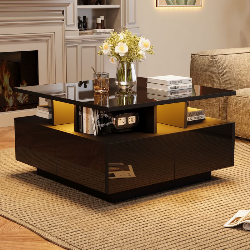 Table basse de salon noire brillante 70 x 70 x 40 cm avec éclairage LED, table d'appoint à 4 tiroirs, design géométrique, capacité de charge de 30 kg._voghion.com