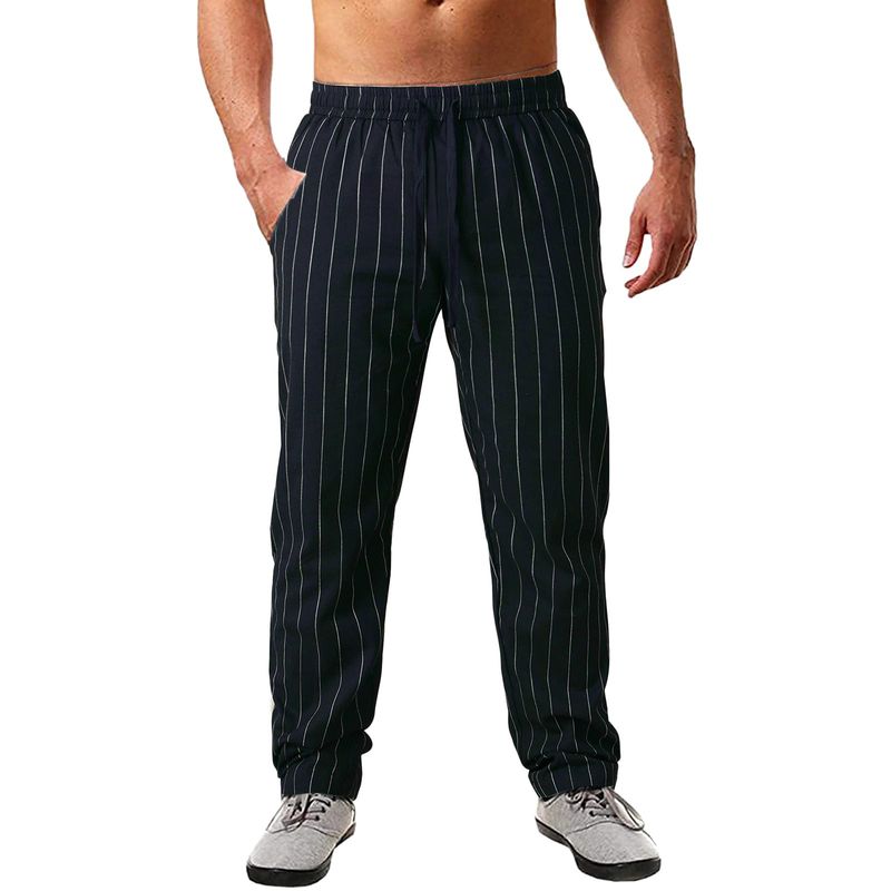 Abbigliamento da uomo, nuovi pantaloni da spiaggia casual in cotone e lino con coulisse elastica in vita, a righe, da uomo_voghion.com