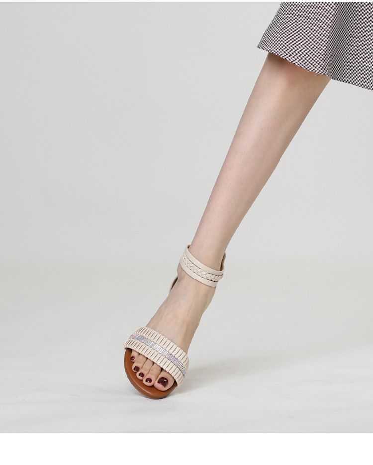 wedge sandals for women round head rhinestone fairy style one-word Roman sandals for women_voghion.com