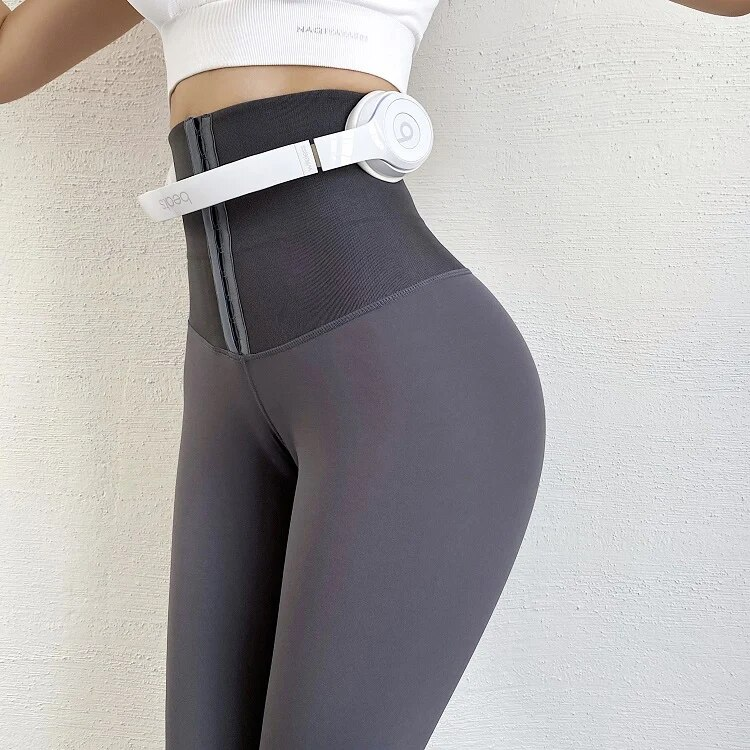 Fraen duebel-breasted Yoga Hosen Leggings plus fleece verdickte Gürtel Taille Bauch Lift Hip Héich Taille elastesch_voghion.com