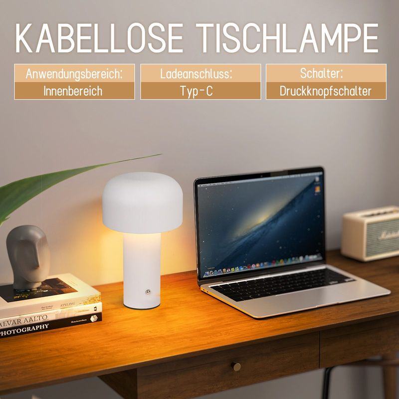 Glitzerlife LED Nachttischlampe Tischlampe Kabellos - Weiß 2W Tischleuchte Akku Dimmbar Schreibtischlampe Aufladbar Pilzlampe Klein Nachtleuchte Modern Metall_voghion.com