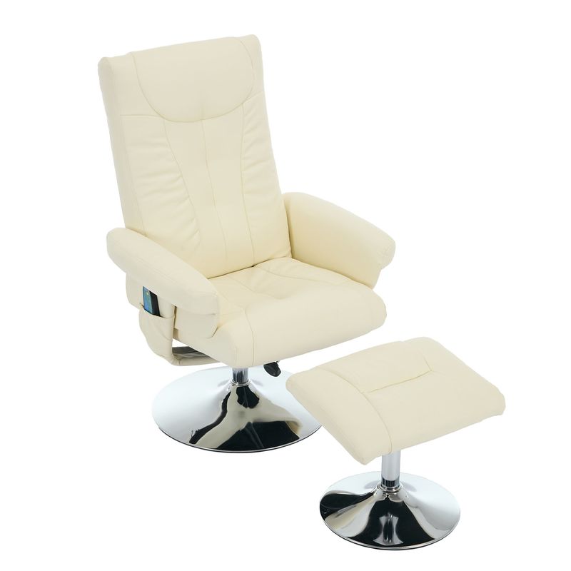Fauteuil relax inclinable, massage 5 points, chauffage électrique, repose-pieds, pivotant à 360°, fauteuil TV inclinable en cuir PU beige_voghion.com