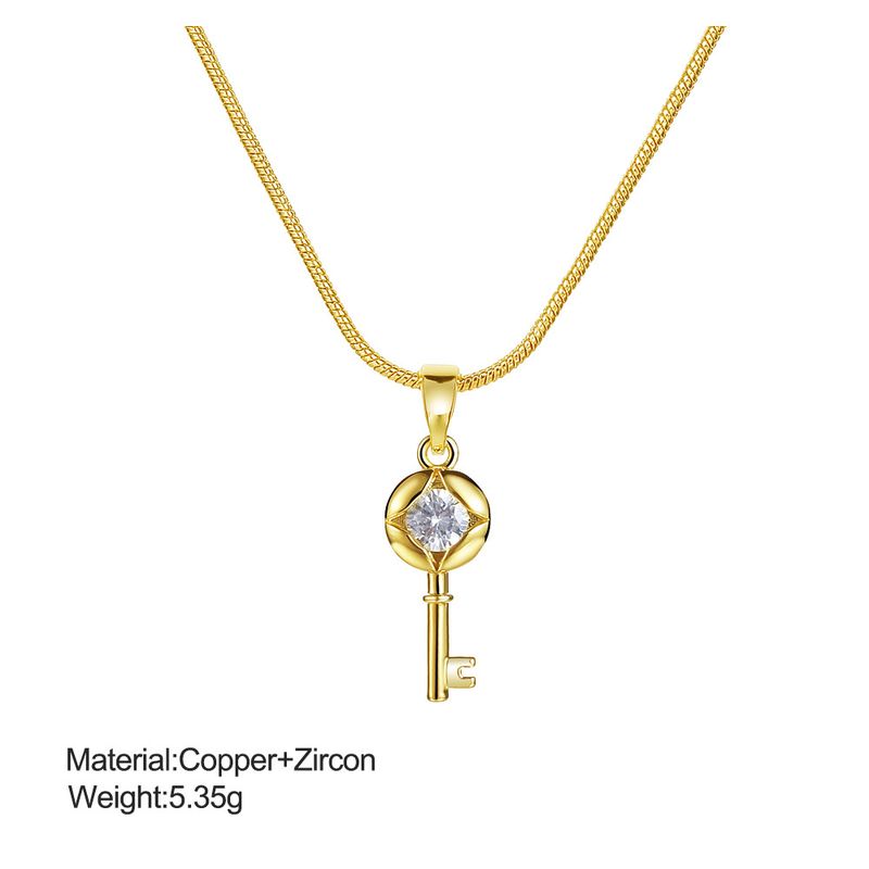 Geometric Key Necklace - Copper Pendant With Micro Inlaid Zircon, Open Design & Color-Preserving Electroplating, Modern Statement Jewelry_voghion.com