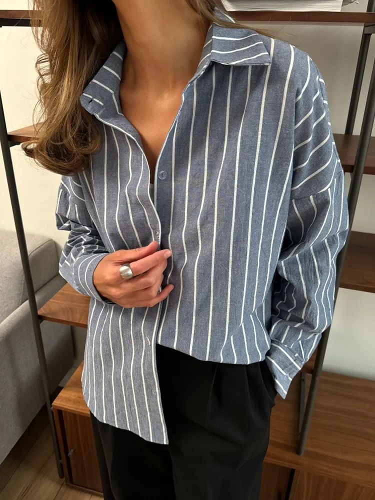 Chemise d'été à manches longues et rayures pour femme – Polyester léger, coupe ample, col polo, motif 3D, tenue décontractée et de bureau (bleu/rose/gris)_voghion.com