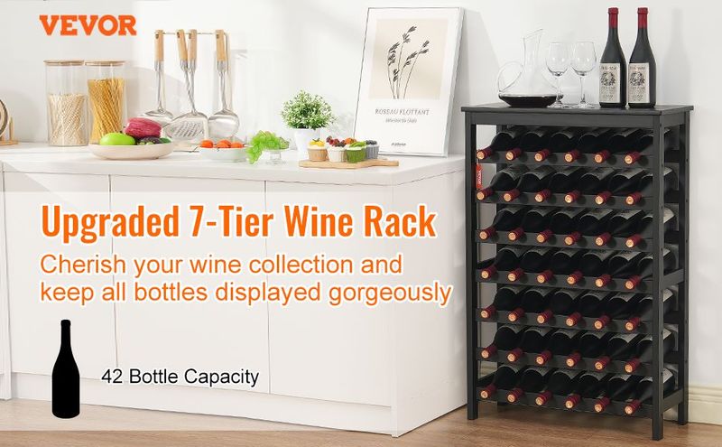VEVOR 42 Bottle 7-Tier Modular Wine Rack Bamboo Wood Display Shelf With TableTop_voghion.com