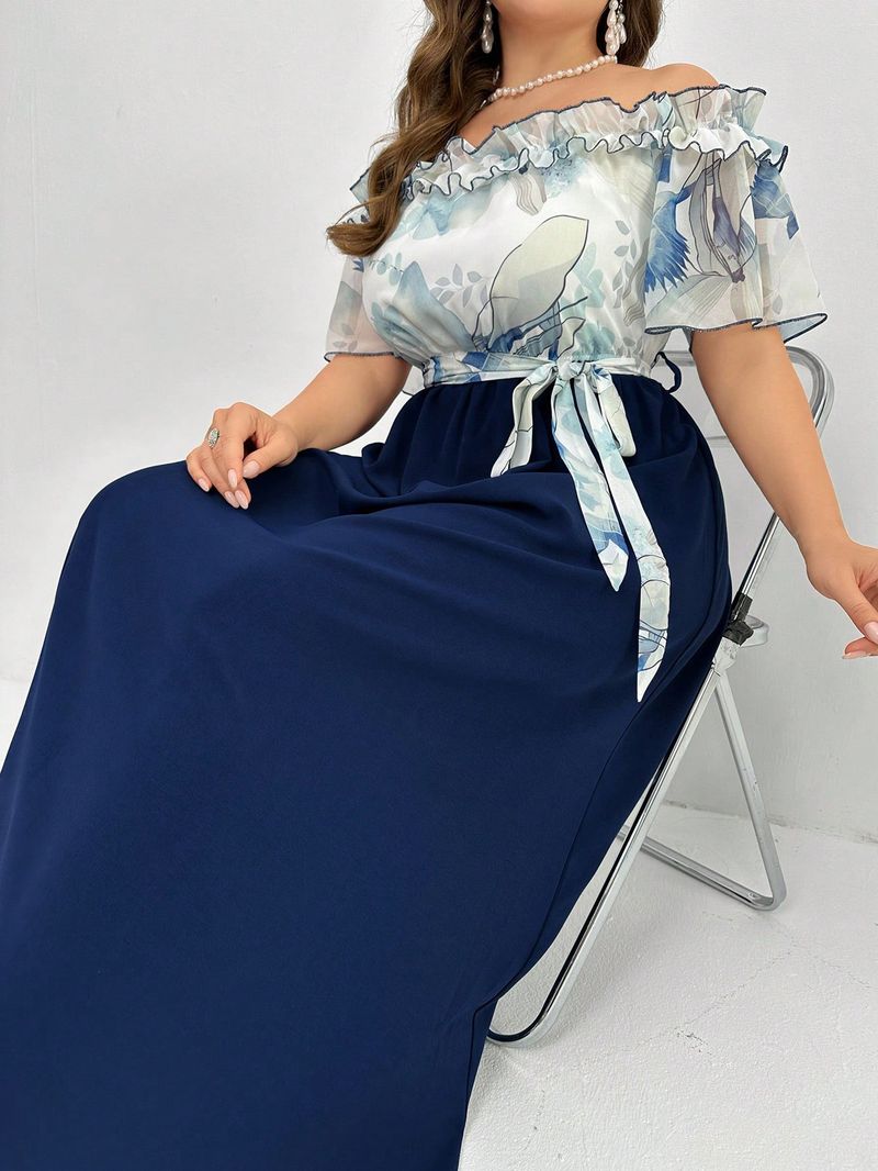 Sommerliches Wickelkleid in Übergröße – schulterfreies, elegantes Bürokleid mit Blumendruck und Gürtel, langes A-Linien-Kleid für Damen (0XL-4XL, Marineblau)_voghion.com