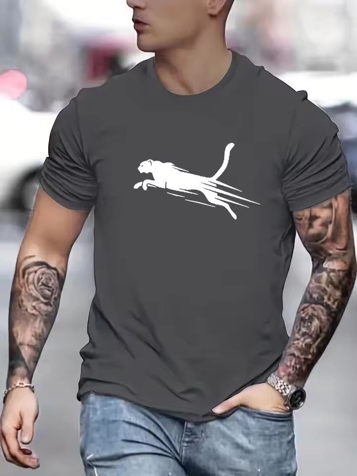 T-shirt girocollo a maniche corte, versatile e casual da uomo, con stampa 3D di ghepardo, stile High Street_voghion.com