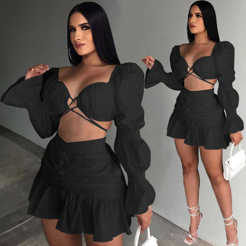 Ensemble 2 pièces sexy pour femme, tenue de festival, haut court à manches bouffantes et mini-jupe à volants, tenue de club, tenue de soirée assortie_voghion.com