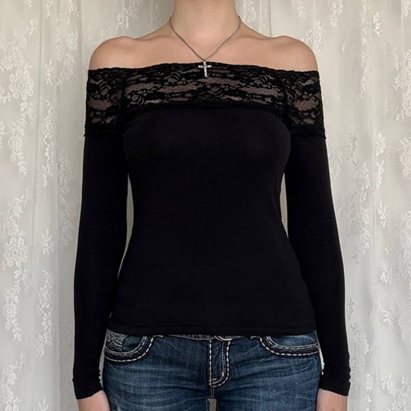 Top corto con scollo a V e cuciture in pizzo nero, elegante e sexy, a maniche lunghe, attillato, per donna, Harajuku, Y2k, autunno, basic_voghion.com