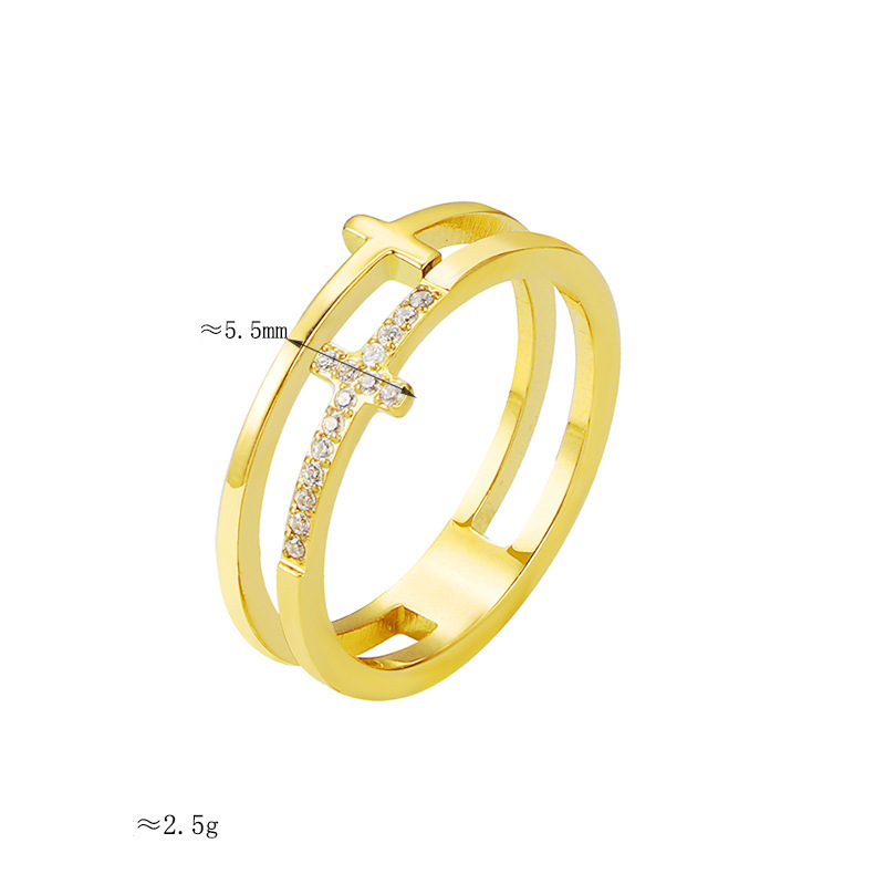 Ins double layer cross diamond ring titanium steel cold style light luxury temperament exquisite hand jewelry men and women fashion jewelry_voghion.com