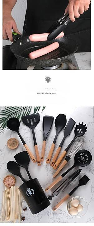 Set de 13 piese din silicon cu mâner din lemn, ustensile de bucătărie, găleată de depozitare, ustensile de bucătărie antiaderente, lingură și lopată, set de gătit_voghion.com