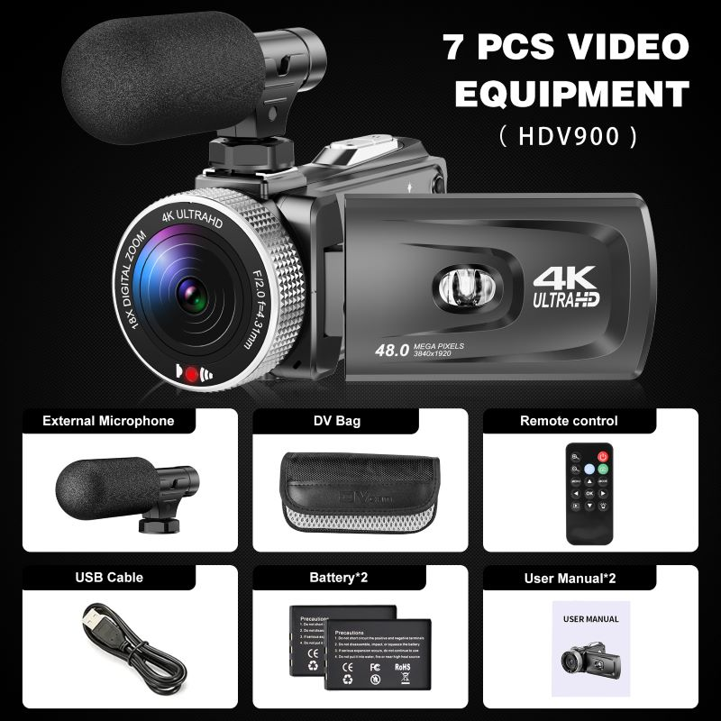 HDV900 4K Hand-Camcorder | Zwei 1050-mAh-Akkus und eingebautes Mikrofon | Professionelle Vlog-/Reise-Aufnahmeausrüstung_voghion.com