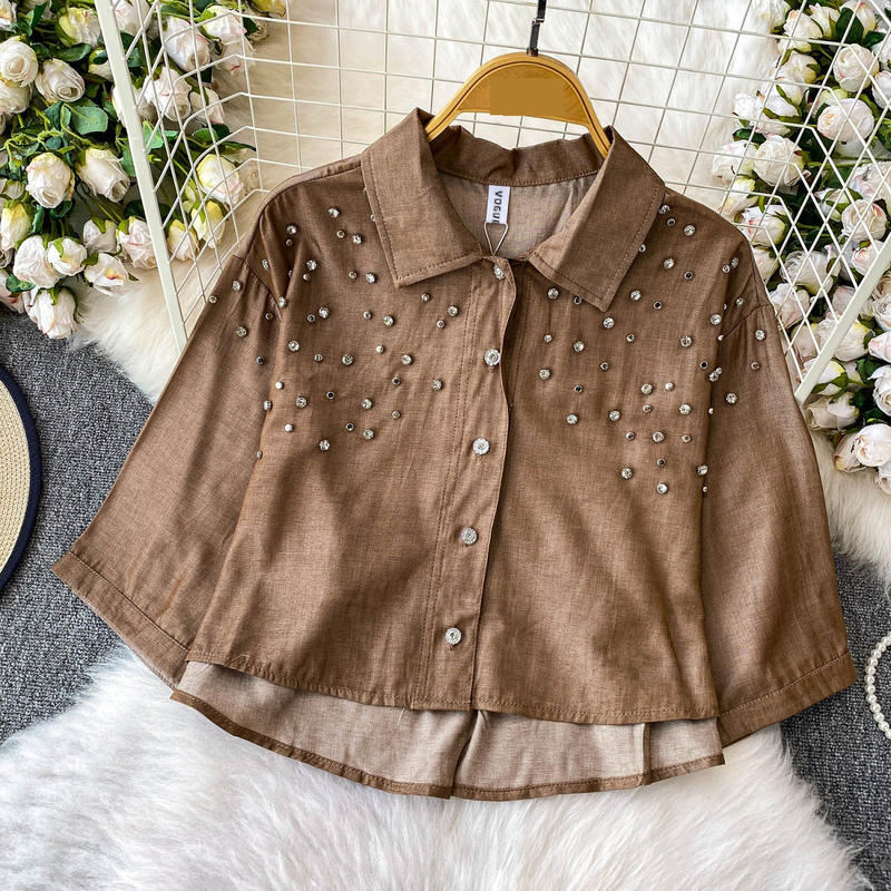 Luxe blouse met versieringen voor dames, statement revers, top met halflange mouwen, 8 levendige kleuren (zwart/groen/rood/meer) voor op kantoor en een avondje uit_voghion.com