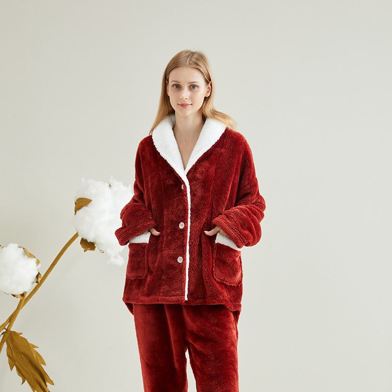 Damen-Pyjama-Set aus Korallenfleece in Übergröße, warm, langärmlig, Loungewear, Nachtwäsche mit weichem Plüsch für Zuhause und draußen_voghion.com