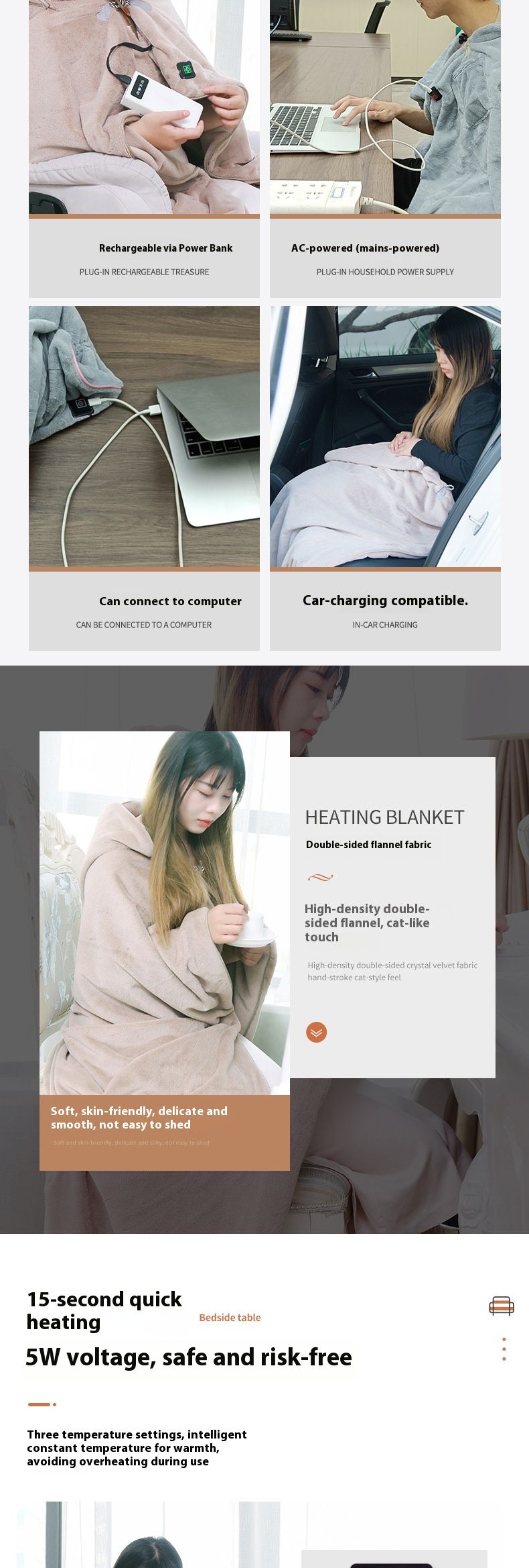 Premium Electric Heated Fleece Shawl – 3-Temperature USB Warming Blanket For Home & Travel, 100% Wool Lining, 8W Low-Energy Heating_voghion.com