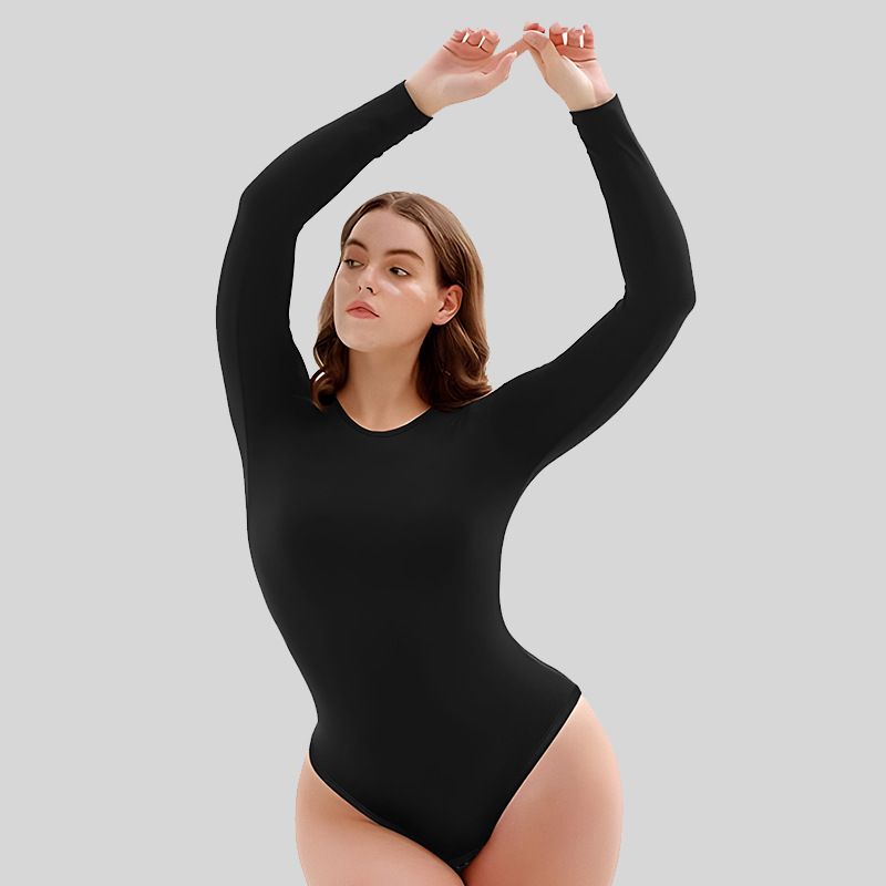 Women's Long Sleeve Yoga Bodysuit Slimming High-Waisted Tummy Control Workout Outfit With Triangle Shorts_voghion.com