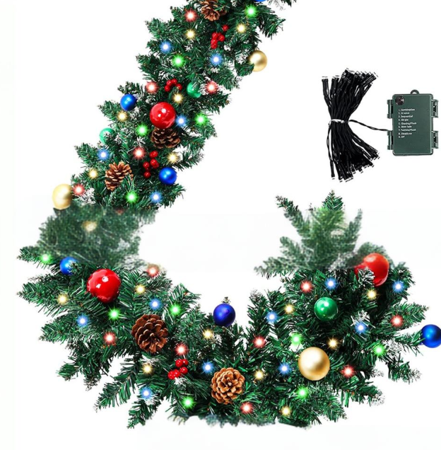 Ghirlanda natalizia da appendere alla porta, 180/270 cm, con palline decorative e luci LED bianche calde, ghirlanda di pino artificiale per decorazioni natalizie._voghion.com