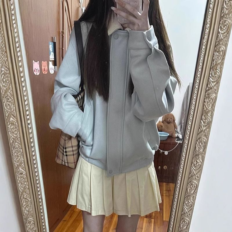 Veste de baseball bleue à col rabattu pour femme, nouveau manteau en daim de style américain doux pour début d'automne 2025_voghion.com