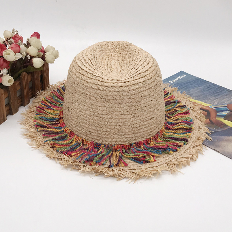 Pălărie de plajă de vară pentru femei Xiao Xiangfu, pălărie de soare cu ciucuri curcubeu cu margine ruptă, pălărie de călătorie pentru plajă_voghion.com