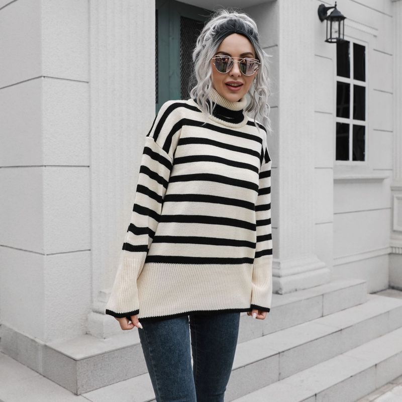 Women's mid-length sweater with striped side slit turtleneck_voghion.com