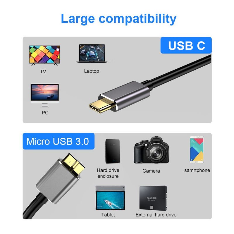 Câble USB C vers Micro B Adaptateur de connecteur de données USB 3.0 Type C 5 Gbit/s pour disque dur Smartphone PC Chargeur Type C Cordon de disque d'appareil photo_voghion.com