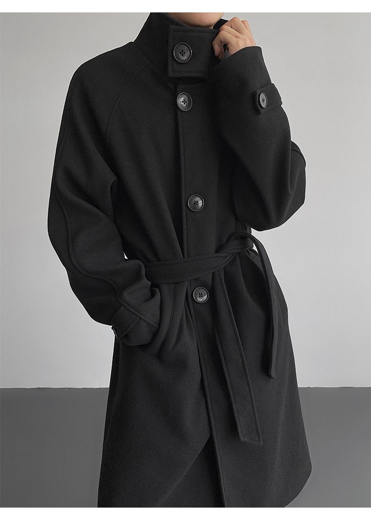 Gabardina de mezcla de lana con cuello alto para hombre: abrigo largo entallado, chaqueta de invierno de botonadura sencilla (negro/albaricoque, M-5XL)_voghion.com