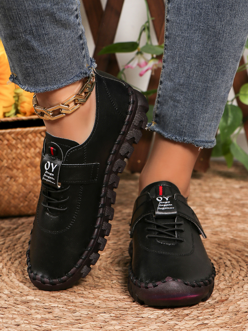 Women's large size 45 size beef tendon soft sole hand stitched Velcro casual shoes_voghion.com