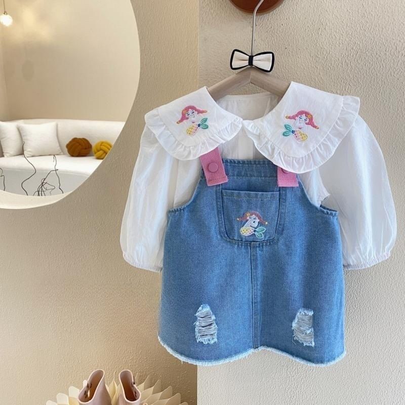 Abbigliamento per bambini Camicia ricamata con sirena e gonna in denim, set da due pezzi_voghion.com