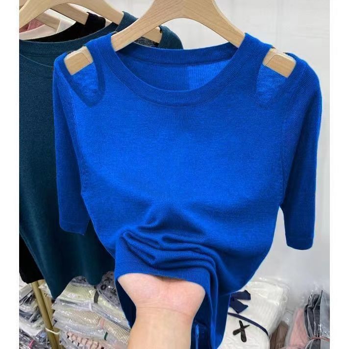 hot selling Design Cutout Open-shoulder Mid-sleeve Thin Knitwear Tshirts Women New Summer Undershirt Top_voghion.com